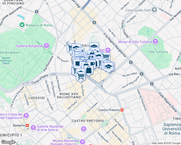 map of restaurants, bars, coffee shops, grocery stores, and more near 17 Via Bergamo in Roma