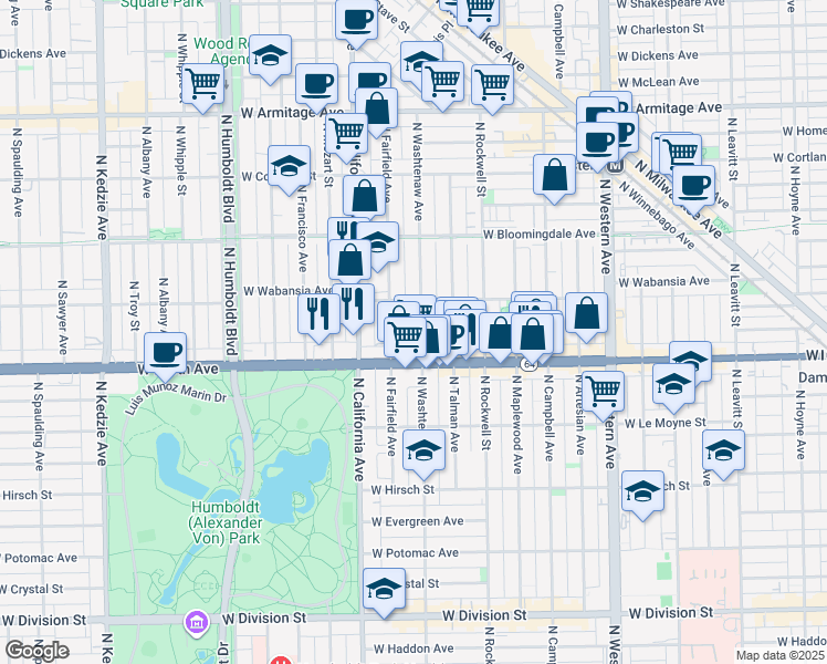 map of restaurants, bars, coffee shops, grocery stores, and more near 1639 North Washtenaw Avenue in Chicago