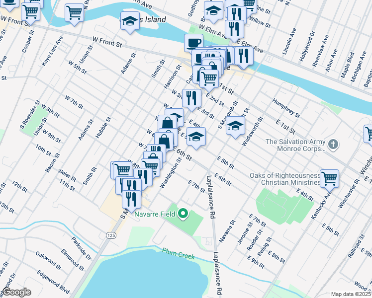 map of restaurants, bars, coffee shops, grocery stores, and more near 504 Washington St in Monroe