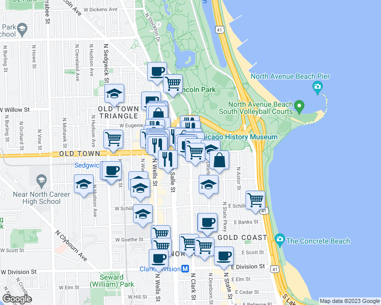 map of restaurants, bars, coffee shops, grocery stores, and more near West North Avenue & North Clark Street in Chicago