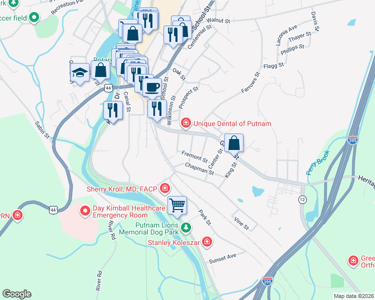 map of restaurants, bars, coffee shops, grocery stores, and more near 18 Pleasant Street in Putnam