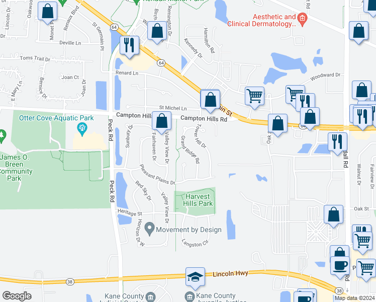 map of restaurants, bars, coffee shops, grocery stores, and more near 273 Grand Ridge Road in St. Charles