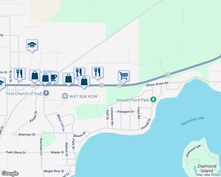 map of restaurants, bars, coffee shops, grocery stores, and more near 22041 Michigan 60 in Cassopolis