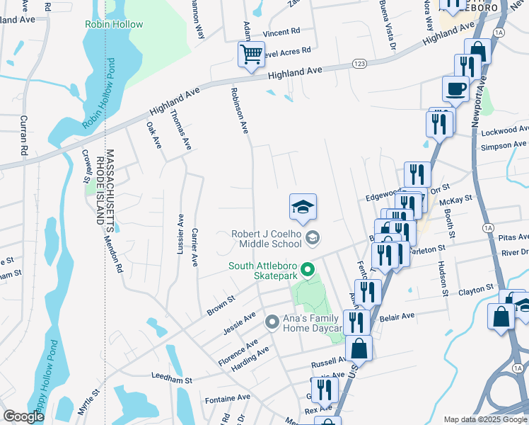 map of restaurants, bars, coffee shops, grocery stores, and more near 170 Robinson Avenue in Attleboro