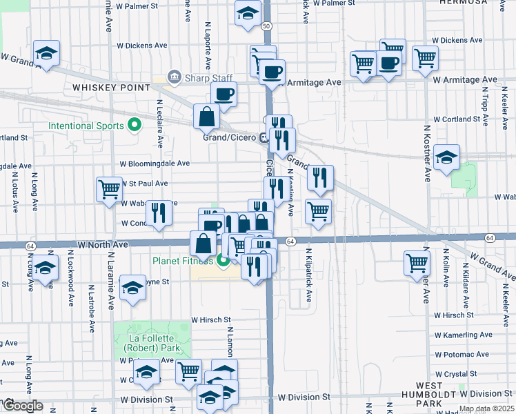 map of restaurants, bars, coffee shops, grocery stores, and more near 4822 West Wabansia Avenue in Chicago