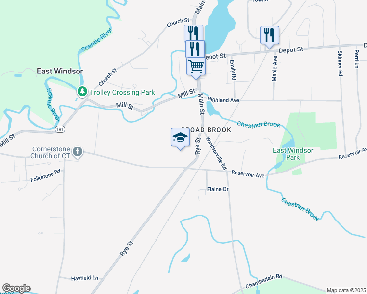 map of restaurants, bars, coffee shops, grocery stores, and more near 14 Rye Street in East Windsor