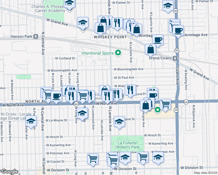 map of restaurants, bars, coffee shops, grocery stores, and more near 5206 a West Wabansia Avenue in Chicago