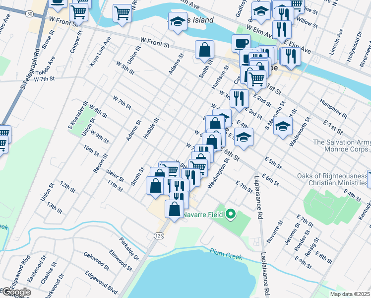 map of restaurants, bars, coffee shops, grocery stores, and more near 111 West 7th Street in Monroe