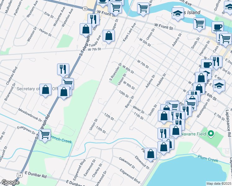 map of restaurants, bars, coffee shops, grocery stores, and more near 728 10th Street in Monroe