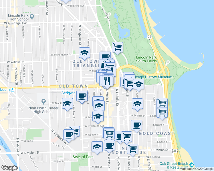map of restaurants, bars, coffee shops, grocery stores, and more near 1601 North Wells Street in Chicago