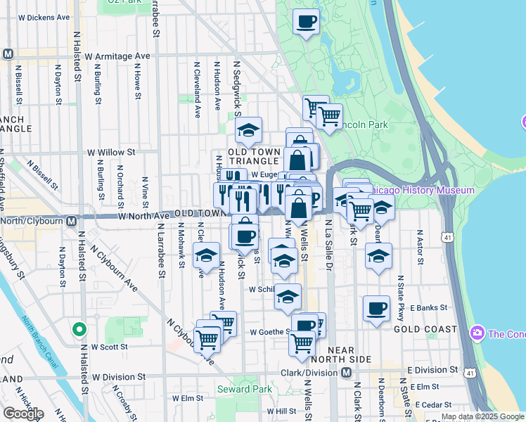 map of restaurants, bars, coffee shops, grocery stores, and more near 330 West North Avenue in Chicago