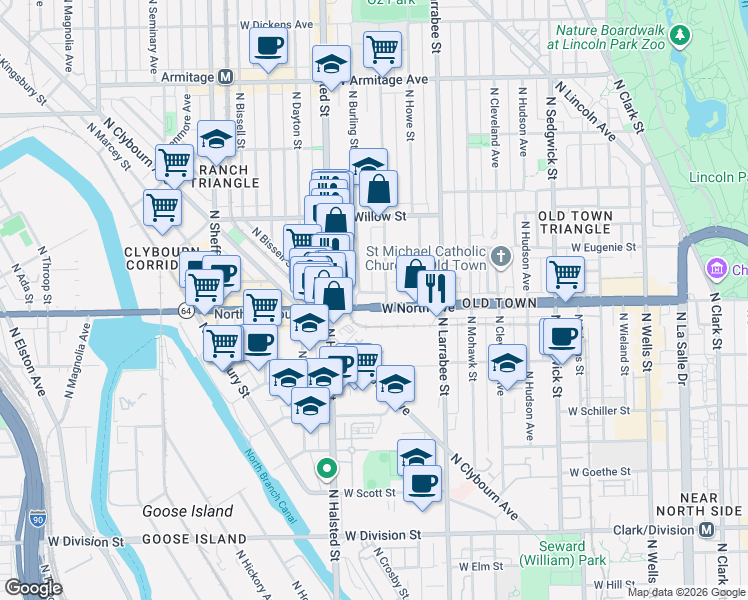 map of restaurants, bars, coffee shops, grocery stores, and more near 1614 North Orchard Street in Chicago
