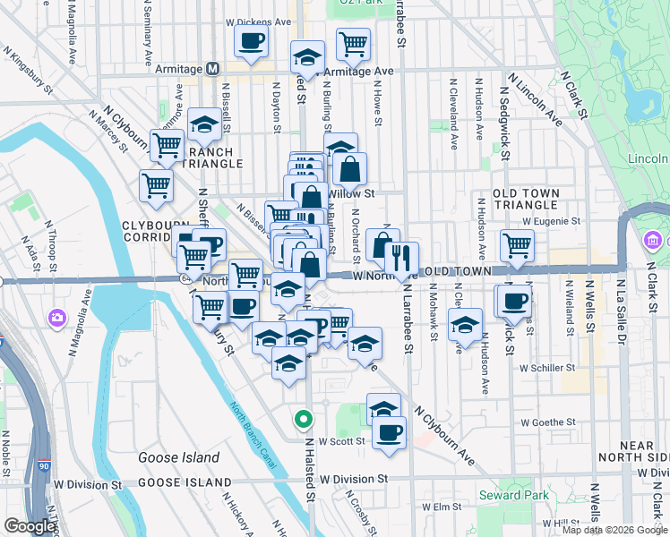 map of restaurants, bars, coffee shops, grocery stores, and more near 1615 North Burling Street in Chicago