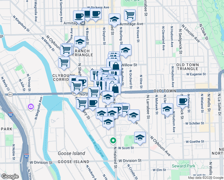 map of restaurants, bars, coffee shops, grocery stores, and more near in Chicago