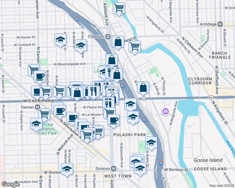 map of restaurants, bars, coffee shops, grocery stores, and more near 1629 North Ashland Avenue in Chicago