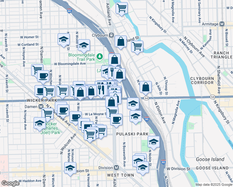map of restaurants, bars, coffee shops, grocery stores, and more near 1629 North Ashland Avenue in Chicago