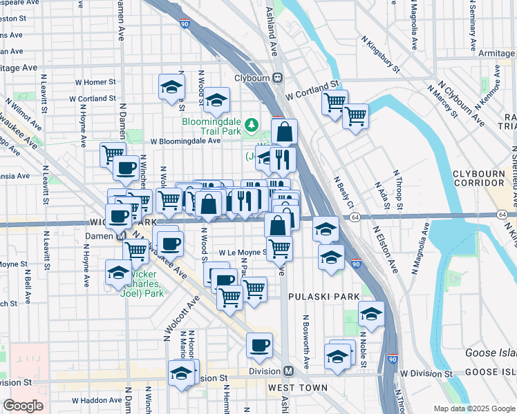 map of restaurants, bars, coffee shops, grocery stores, and more near 1628 North Marshfield Avenue in Chicago