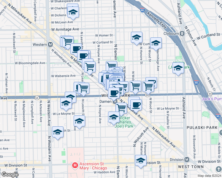 map of restaurants, bars, coffee shops, grocery stores, and more near 2007 West Concord Place in Chicago