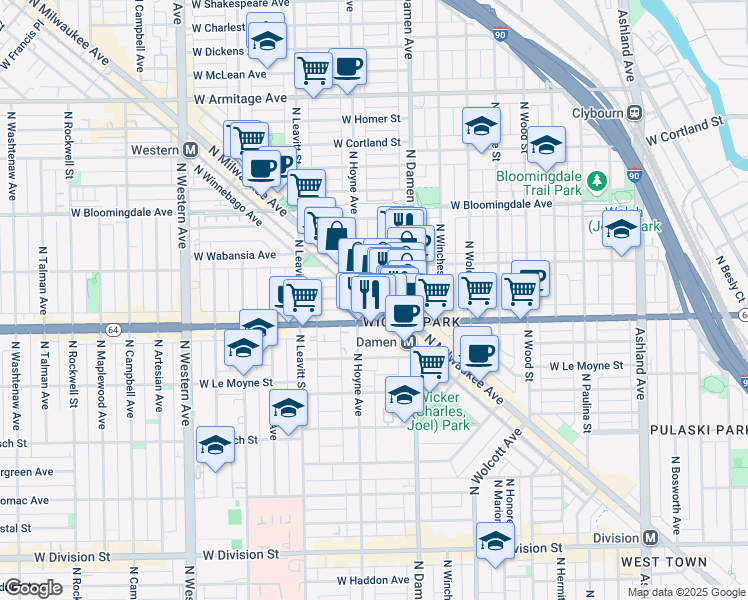 map of restaurants, bars, coffee shops, grocery stores, and more near in Chicago