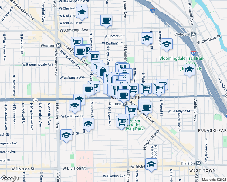 map of restaurants, bars, coffee shops, grocery stores, and more near in Chicago