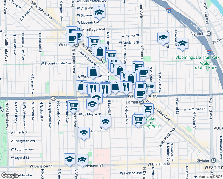 map of restaurants, bars, coffee shops, grocery stores, and more near 1638 North Leavitt Street in Chicago