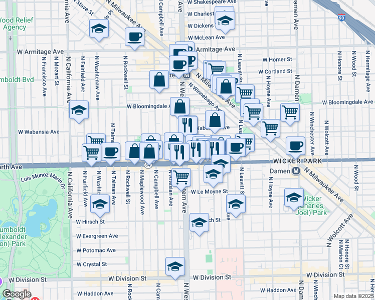 map of restaurants, bars, coffee shops, grocery stores, and more near 1635 North Western Avenue in Chicago
