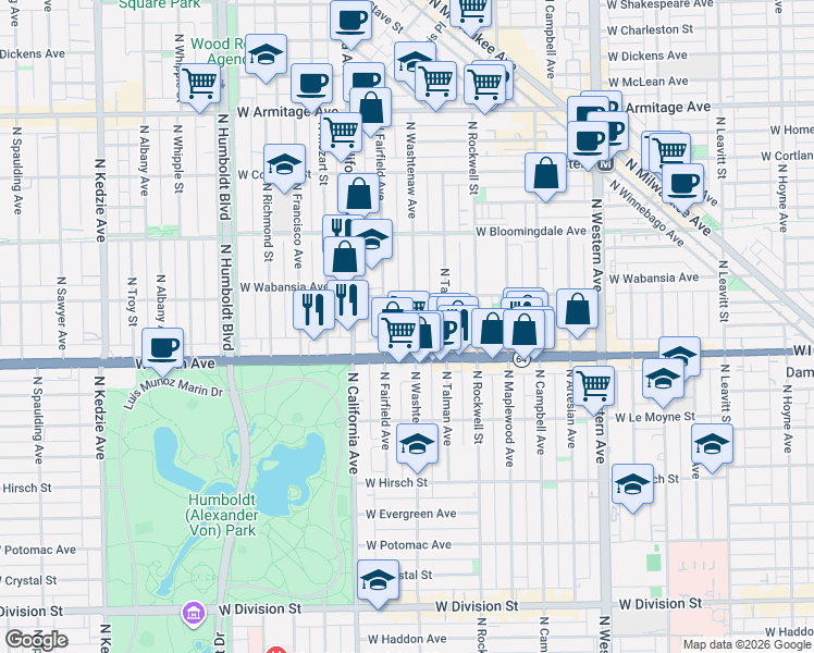map of restaurants, bars, coffee shops, grocery stores, and more near 1639 North Washtenaw Avenue in Chicago