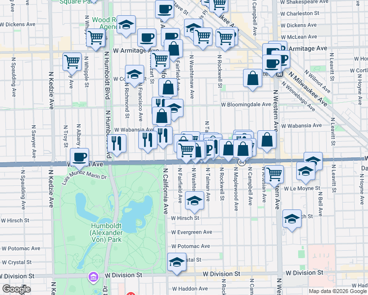 map of restaurants, bars, coffee shops, grocery stores, and more near 1642 North Fairfield Avenue in Chicago