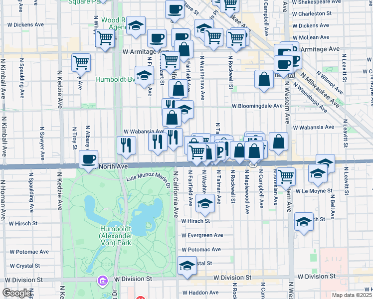 map of restaurants, bars, coffee shops, grocery stores, and more near 1642 North Fairfield Avenue in Chicago