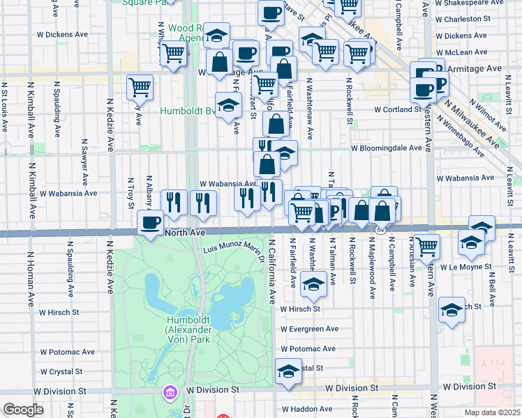 map of restaurants, bars, coffee shops, grocery stores, and more near 1638 North California Avenue in Chicago