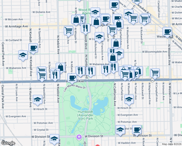 map of restaurants, bars, coffee shops, grocery stores, and more near 1642 North Richmond Street in Chicago