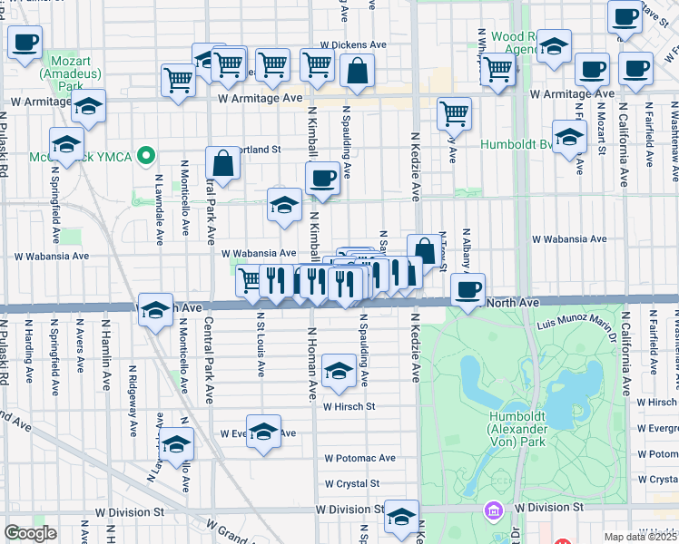 map of restaurants, bars, coffee shops, grocery stores, and more near 1647 North Kimball Avenue in Chicago