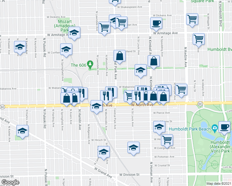 map of restaurants, bars, coffee shops, grocery stores, and more near 1648 North Central Park Avenue in Chicago