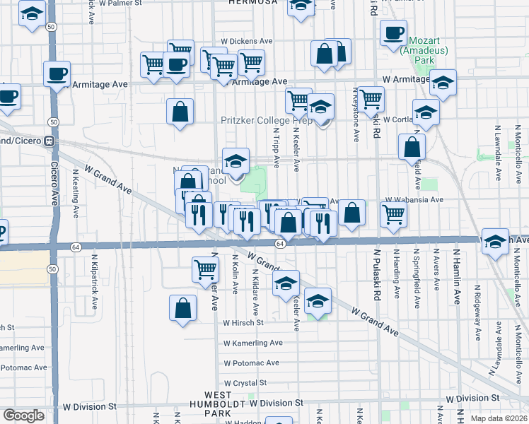 map of restaurants, bars, coffee shops, grocery stores, and more near 1657 North Kildare Avenue in Chicago