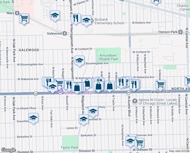 map of restaurants, bars, coffee shops, grocery stores, and more near 1715 North Merrimac Avenue in Chicago