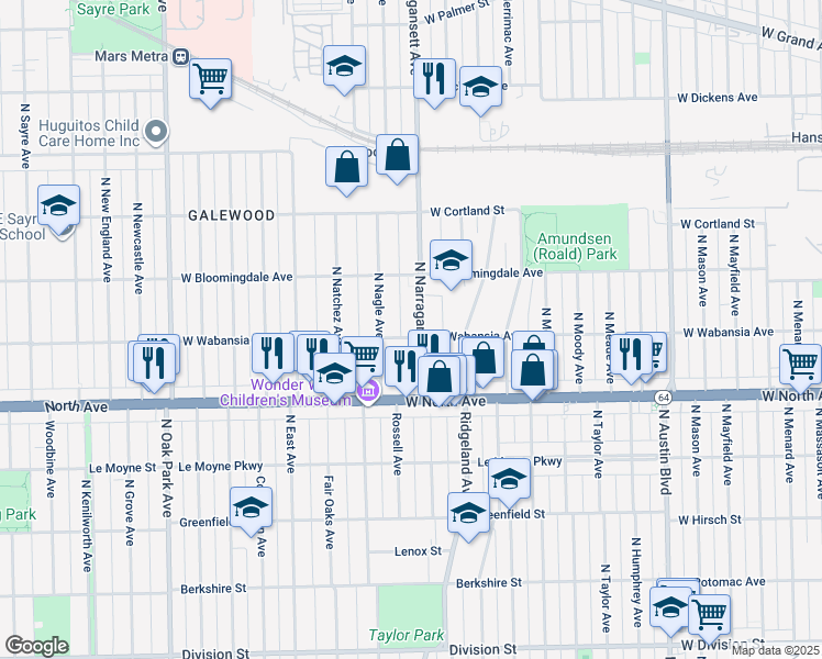 map of restaurants, bars, coffee shops, grocery stores, and more near 1717 North Nagle Avenue in Chicago