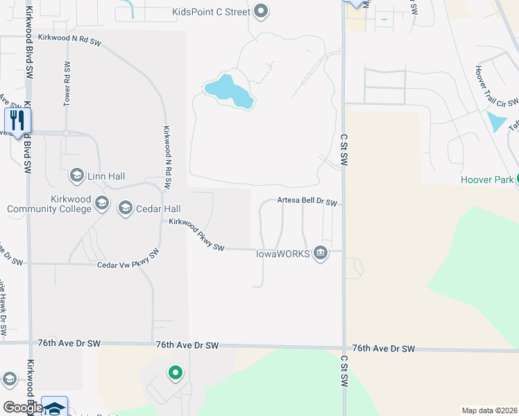 map of restaurants, bars, coffee shops, grocery stores, and more near 722 Kirkwood Parkway Southwest in Cedar Rapids