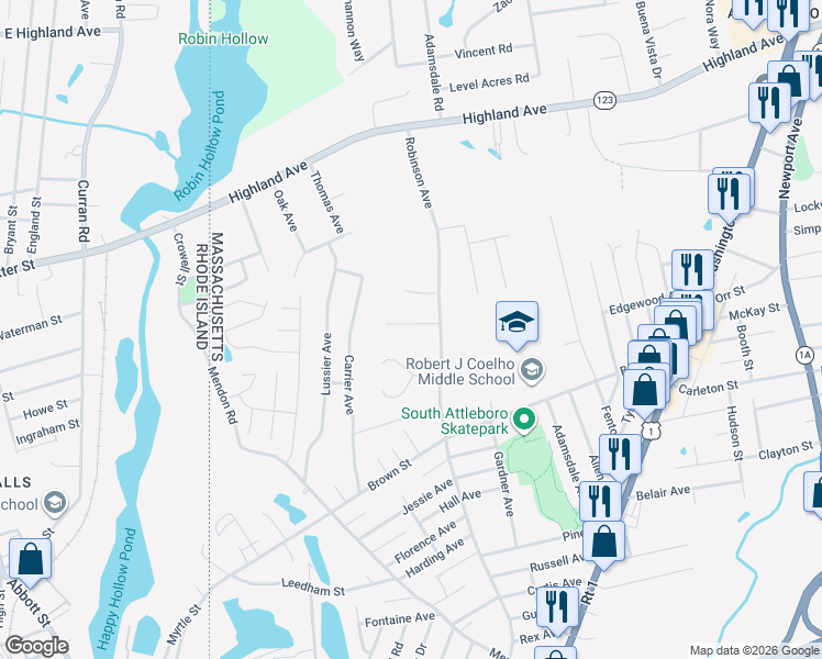 map of restaurants, bars, coffee shops, grocery stores, and more near 10 Redgate Road in Attleboro