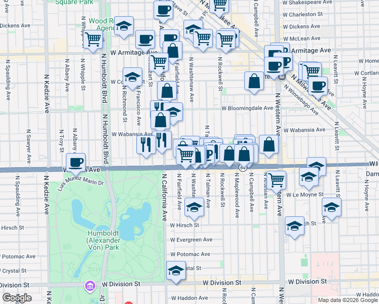 map of restaurants, bars, coffee shops, grocery stores, and more near 1639 North Washtenaw Avenue in Chicago