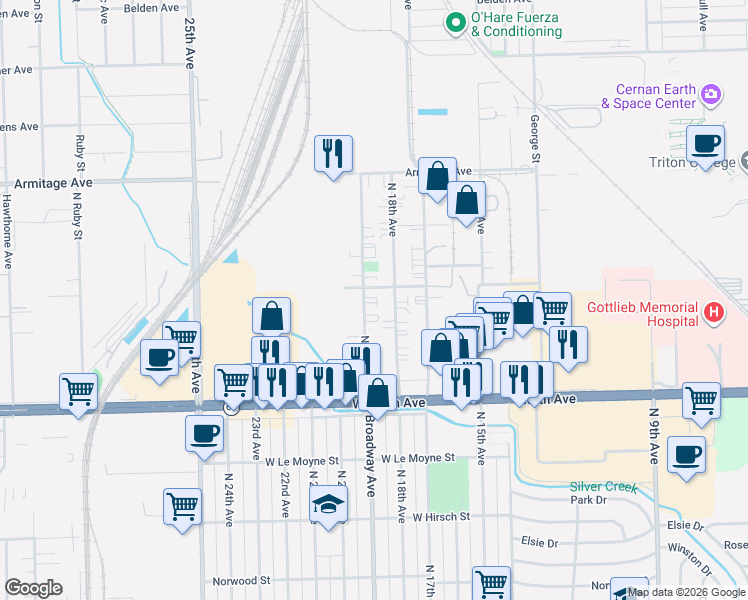 map of restaurants, bars, coffee shops, grocery stores, and more near 1978 North 18th Avenue in Melrose Park