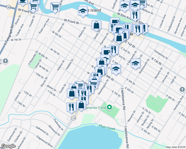 map of restaurants, bars, coffee shops, grocery stores, and more near 617 Cass Street in Monroe