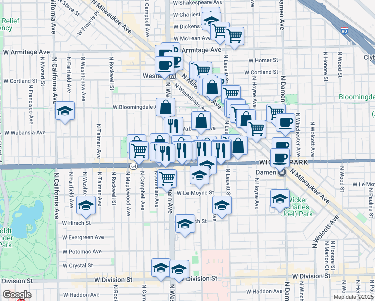 map of restaurants, bars, coffee shops, grocery stores, and more near 1629 North Claremont Avenue in Chicago