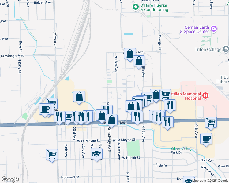 map of restaurants, bars, coffee shops, grocery stores, and more near 1970 North 18th Avenue in Melrose Park