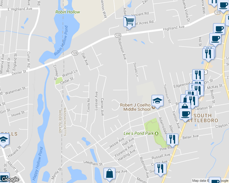 map of restaurants, bars, coffee shops, grocery stores, and more near 36 Redgate Road in Attleboro