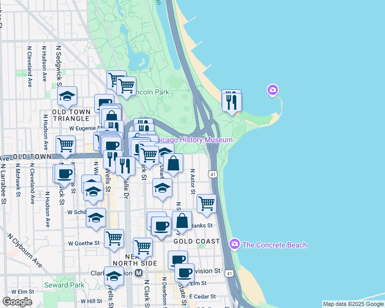 map of restaurants, bars, coffee shops, grocery stores, and more near 2247 North Astor Street in Chicago