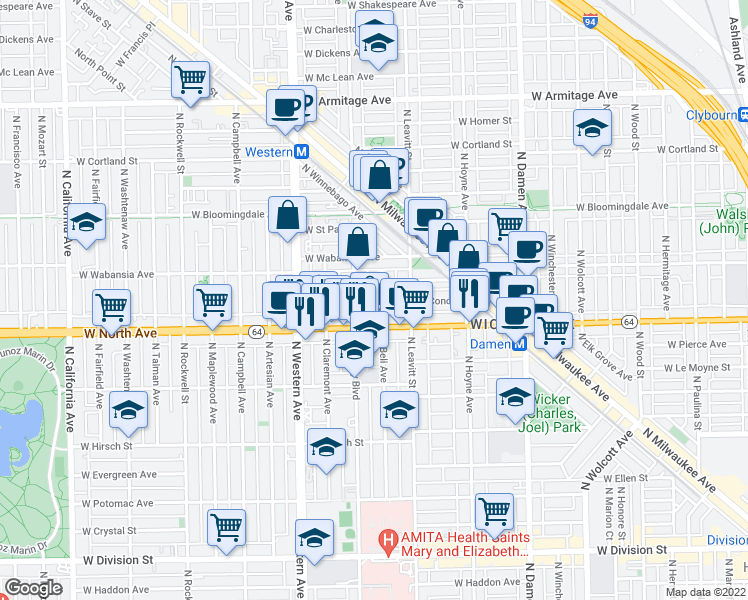 map of restaurants, bars, coffee shops, grocery stores, and more near 1628 North Bell Avenue in Chicago