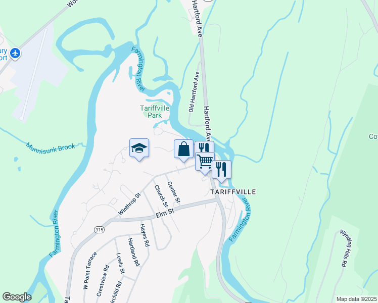 map of restaurants, bars, coffee shops, grocery stores, and more near 15 Main Street in Simsbury