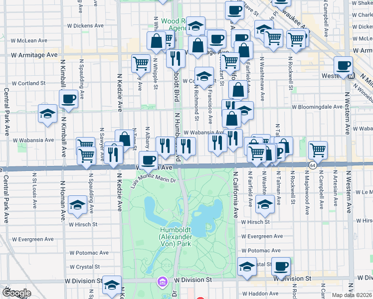 map of restaurants, bars, coffee shops, grocery stores, and more near 1642 North Richmond Street in Chicago