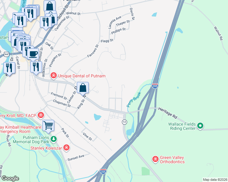 map of restaurants, bars, coffee shops, grocery stores, and more near 55 Perry Street in Putnam