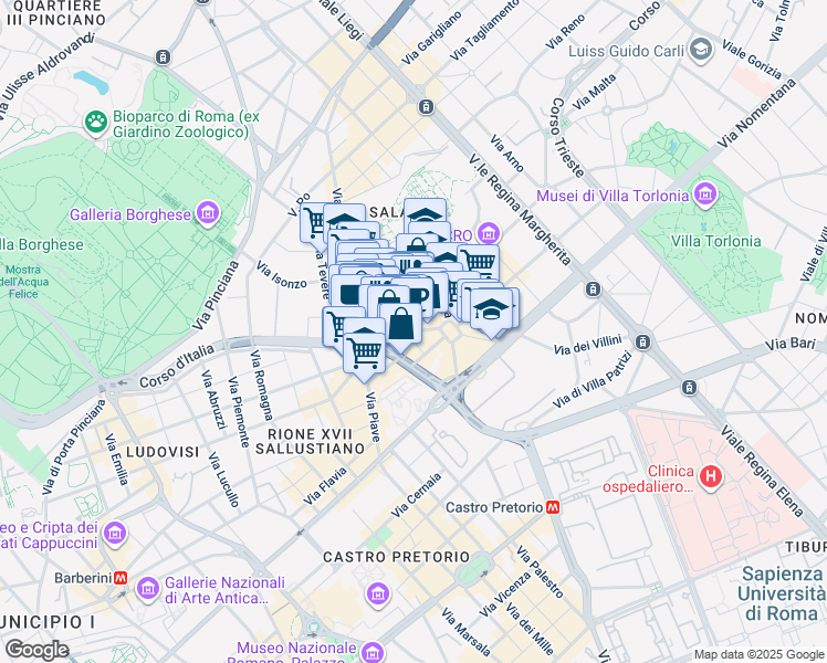 map of restaurants, bars, coffee shops, grocery stores, and more near 17 Via Bergamo in Roma